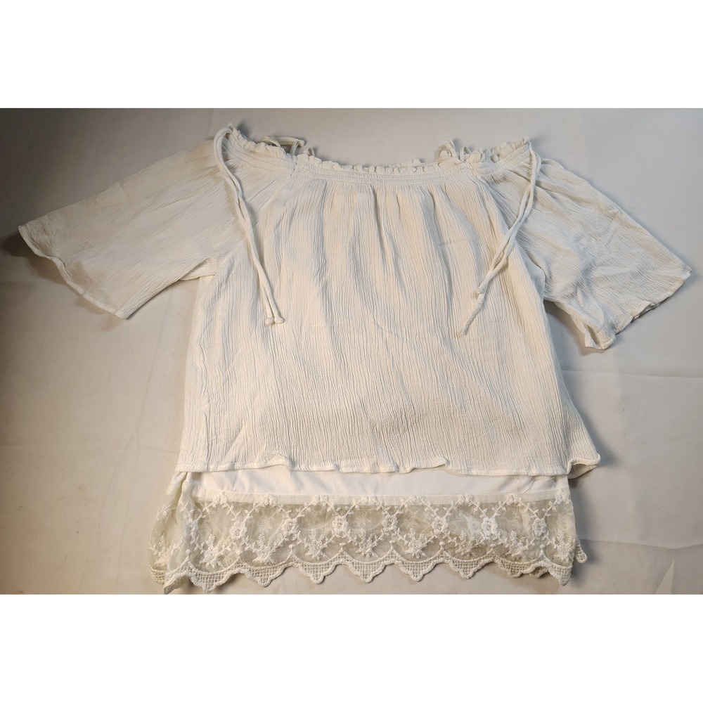 BCX Whte Boho Off Shoulder Top Womens Lace Trim Layered Gauze Festival Peasant M